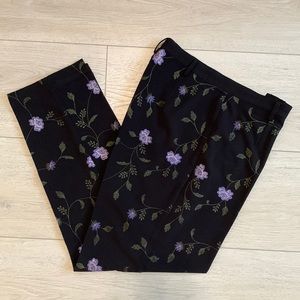 Dress Barn Black Pants / Slacks with Floral Embroidery Purple & Green